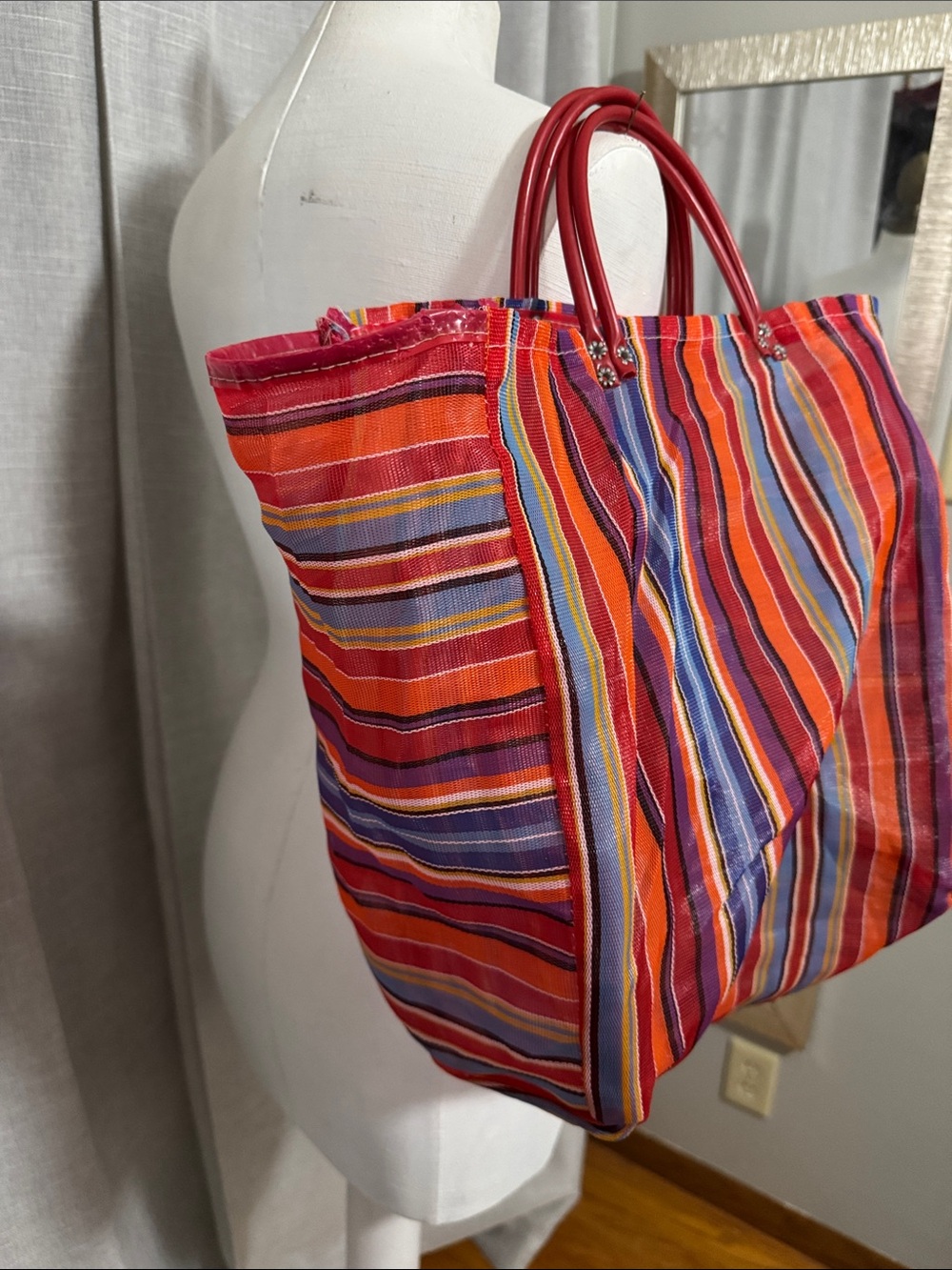 Vintage Woven Plastic Tote Bag-Rainbow Stripes-Mesh Look-Hand Carry Double Strap - Picture 7 of 13